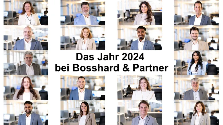 Portrait photos of the Bosshard & Partner team on a white background. The year 2024 at Bosshard & Partner is written in black letters in the centre.