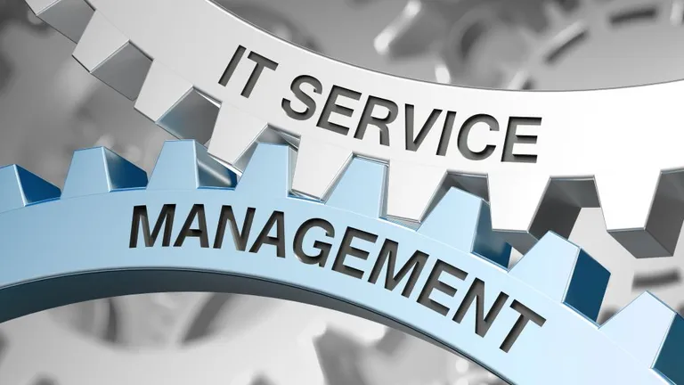 Zwei ineinander greifende Zahnräder auf denen IT Service und Management geschrieben steht.