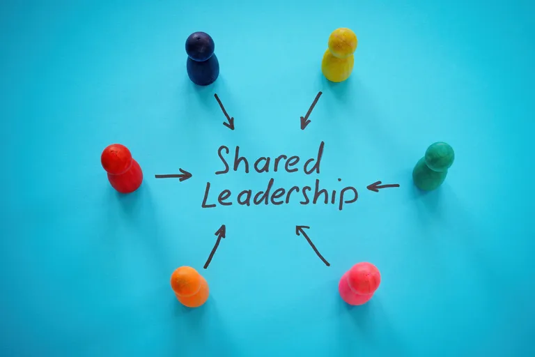 Sechs verschieden farbige Spielfiguren stehen in einem Kreis dazwischen steht Shared Leadership geschrieben. Pfeile zeigen von den Figuren auf den Text.