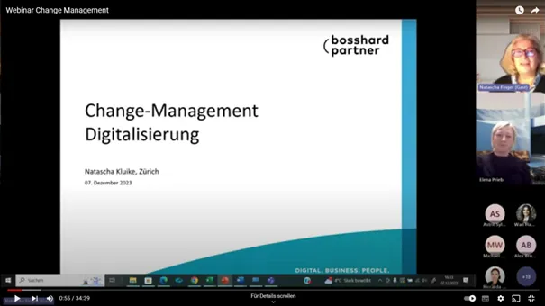 Screenshot of a screen with the presentation slides of the Change Management webinar.